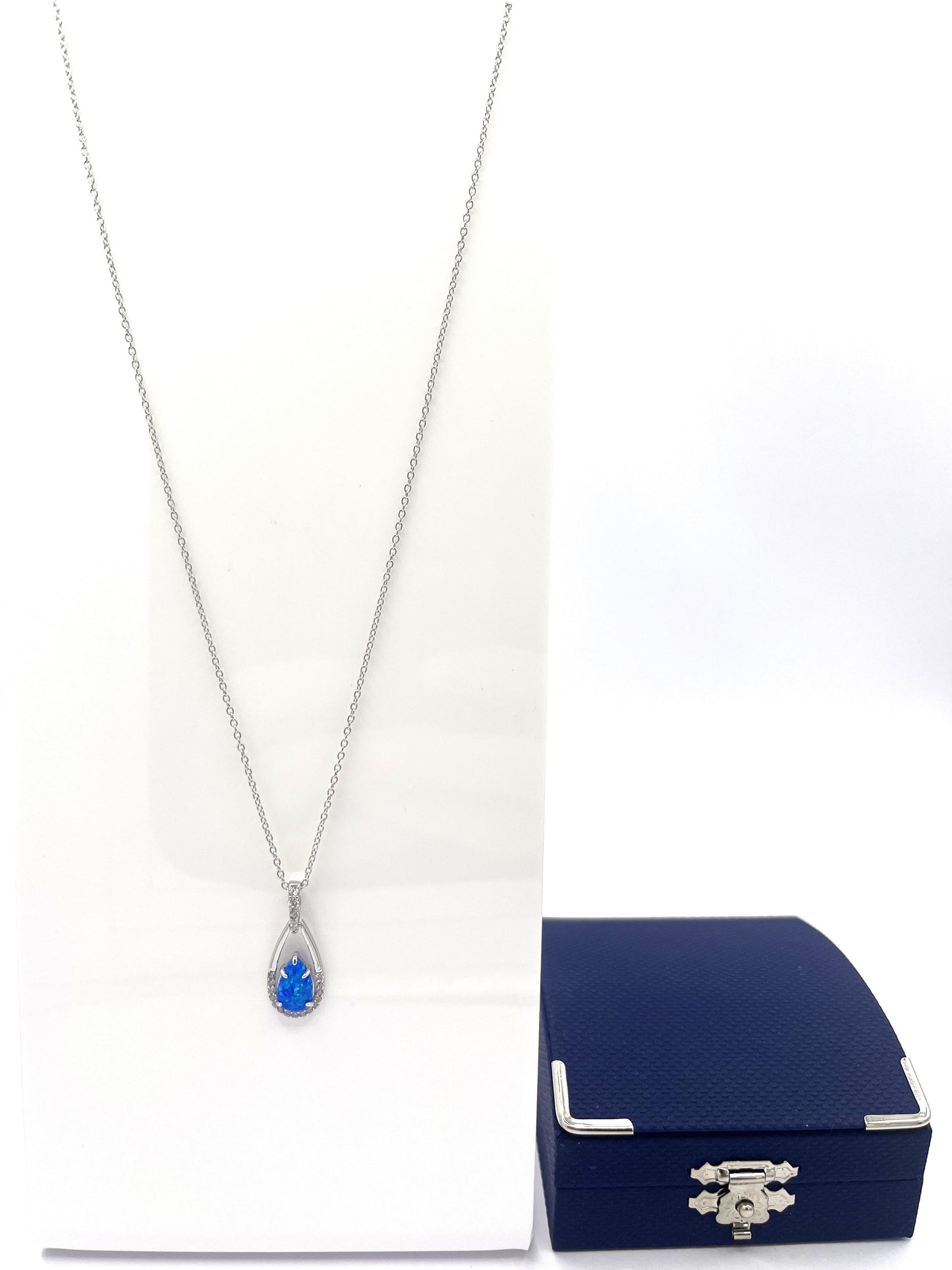 Sterling Silver Blue Opal & CZ Teardrop Necklace