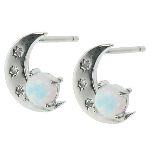 Sterling Silver Snow Opal Moon Earrings