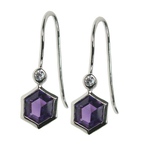 Sterling Silver Amethyst & Cubic Zirconia Hexagon Earrings