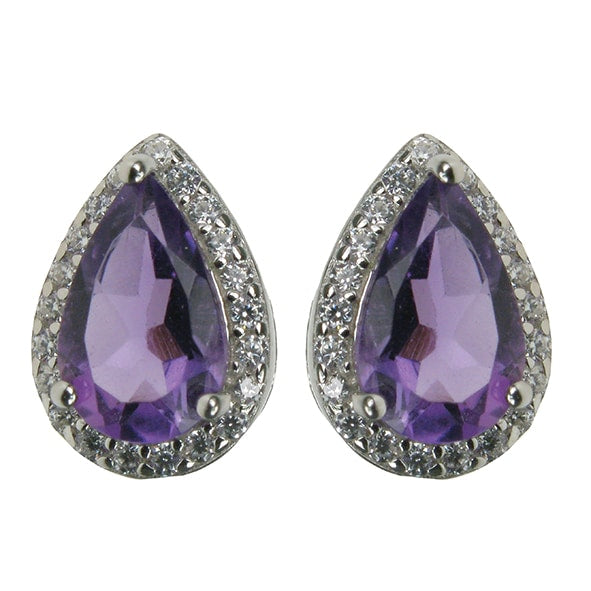 Sterling Silver Amethyst & Cubic Zirconia Pear Earrings