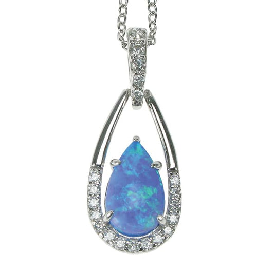 Sterling Silver Blue Opal & CZ Teardrop Necklace